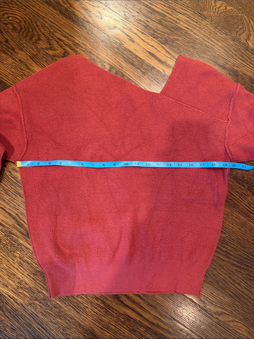 Line & Dot Off-the-Shoulder Asymmetrical Sweater in Rust Red - Picture 9 of 11